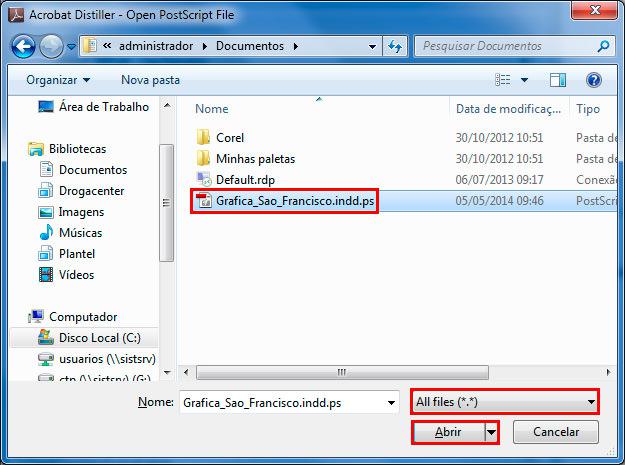 Abrir Arquivo - primeiro selecione all files (*.*), depois selecione o arquivo postscript e por fim, clique no botão abrir